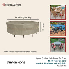 Here is an image showcasing the Formosa Covers Patio Set Cover for Round or Square Table & Chairs. This classic taupe cover, made from UV-treated polyester, offers water and mildew resistance. It accommodates tables up to 96 inches in diameter and 30 inches in height, accompanied by images of patio dining sets.