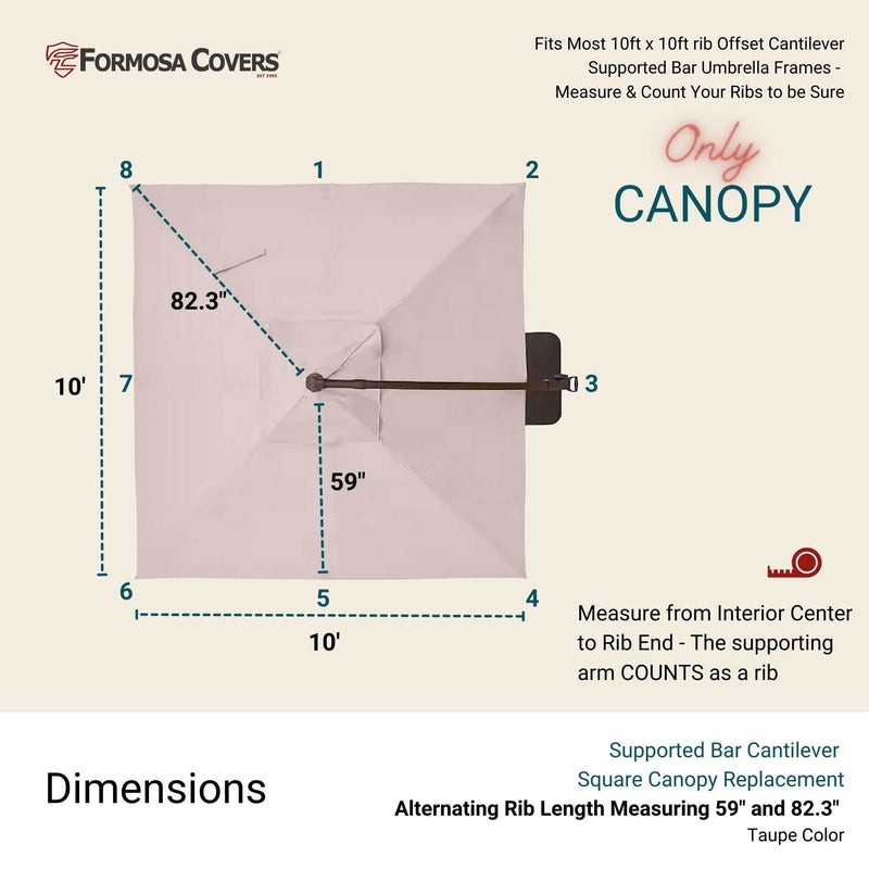 Square 10ft x 10ft Cantilever Supported Bar Umbrella 8 Rib Replacement Canopy Taupe