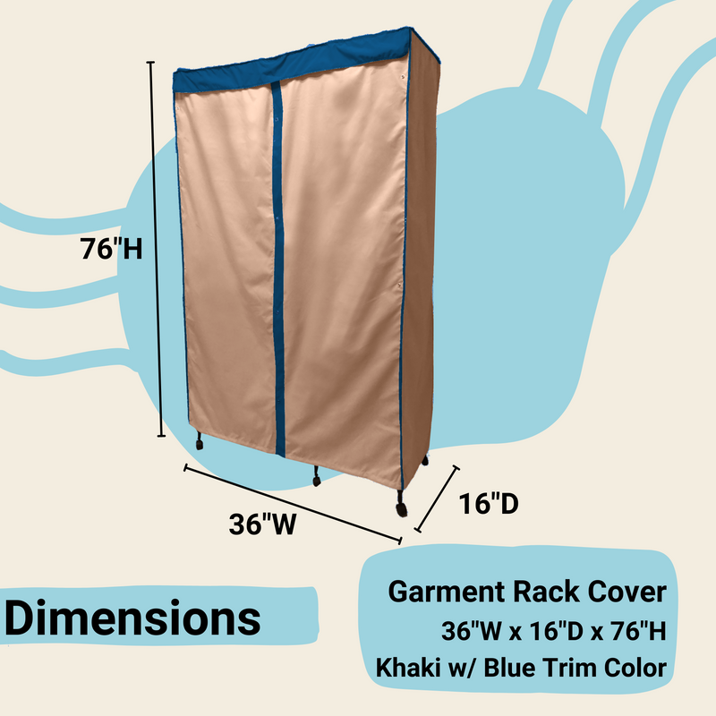 The Formosa Covers Portable Garment Rack Cover in khaki with dusty blue trim is displayed. Its dimensions are 36 inches wide, 16 inches deep, and 76 inches high. Made from durable polyester fabric, the cover is shown on a backdrop featuring dimension lines and the description "Dimensions" and "Garment Rack Cover.