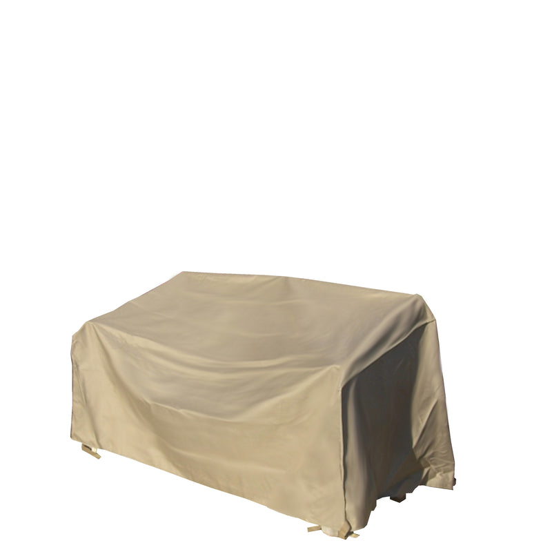 The Classic Taupe Patio Outdoor Large Loveseat Bench Cover from Formosa Covers is neatly draped over a rectangular piece of furniture, possibly a table or couch. Crafted with heavy-duty vinyl backing and UV protection, the cover fits snugly and features straps at the bottom corners for secure fastening. The background is plain white.