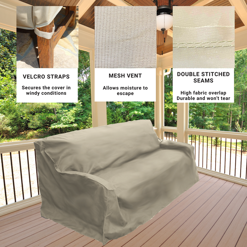 An outdoor porch with trees visible in the background. A covered sofa on the porch is protected by a Formosa Covers Patio Outdoor Sofa Cover Up to 80"L in Classic Taupe. Three text boxes highlight features: "Velcro Straps," "Mesh Vent for breathable fabric," and "Double Stitched Seams." Enjoy all-weather protection for your outdoor furniture.