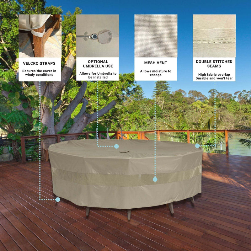 The Formosa Covers Classic Taupe Patio Set Cover for round or square tables and chairs, measuring 96" in diameter/length by 30" in height, sits elegantly on a wooden deck surrounded by lush greenery. It is made from UV-treated polyester and features Velcro straps for security, an optional umbrella hole, a water-resistant mesh vent for moisture escape, and double-stitched seams for added durability.