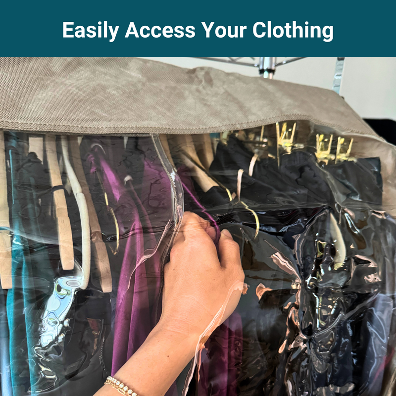 A hand is shown reaching into a clear plastic garment bag covering multiple clothes hangers with various garments. The text at the top reads "Easily Access Your Clothing." The Closet Rod and Portable Clothing Rack Shoulder Garment Dust Cover Adjustable to fit 20" to 36" long by Formosa Covers, crafted from breathable woven polypropylene fabric, is partially unzipped, revealing some colorful clothes inside.