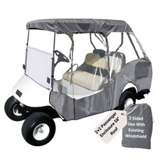 A white golf cart fitted with the 