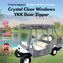 A white golf cart is covered with a Formosa Covers 2+2 Passenger Golf Cart Driving Enclosure Cover (4 Passenger Short Roof 58