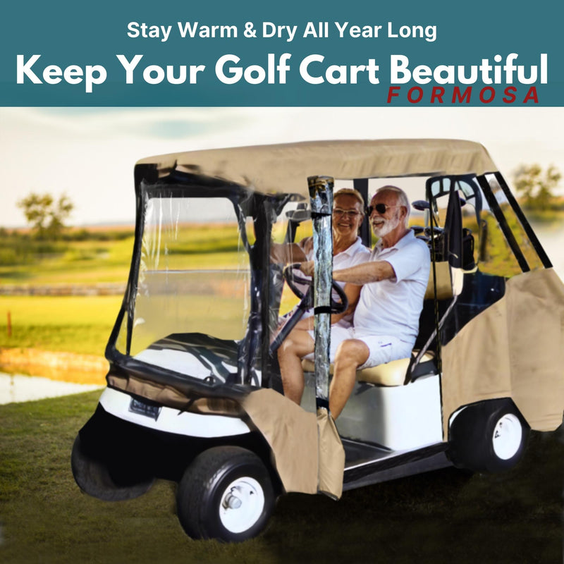 An elderly couple is seated in a golf cart protected by a Formosa Covers 2+2 Passenger Golf Cart Driving Enclosure Cover with a YKK door zipper. The background displays a lush, grassy landscape with a serene pond. The text above reads, "Stay Warm & Dry All Year Long. Keep Your Golf Cart Beautiful - FORMOSA.