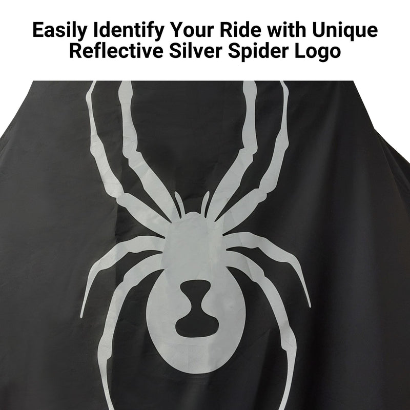 A black Can-Am Spyder Sport Model Full Cover for RS, ST, ST-S, RS, F3, and F3-S by Formosa Covers displays a large, reflective silver spider logo. The text above the fabric reads, "Easily Identify Your Ride with Unique Reflective Silver Spider Logo." The image emphasizes the distinctive waterproof design.