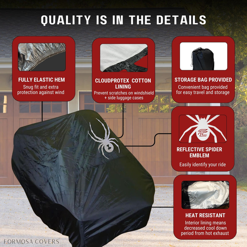 Image showing the Can-Am Spyder Sport Model Full Cover for RS, ST, ST-S, RS, F3, F3-S with various highlighted features. Text on the image reads "QUALITY IS IN THE DETAILS" with callouts pointing to different parts of the bike cover. Features include a fully elastic hem, Cloudprotex cotton lining, storage bag, reflective spider emblem, heat resistance, and waterproof material. The brand "Formosa Covers" is noted at the bottom. In the background, there is...