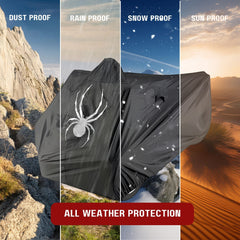 An image showcasing a Formosa Covers waterproof outdoor cover protecting against various weather conditions. The image is divided into four vertical sections labeled 