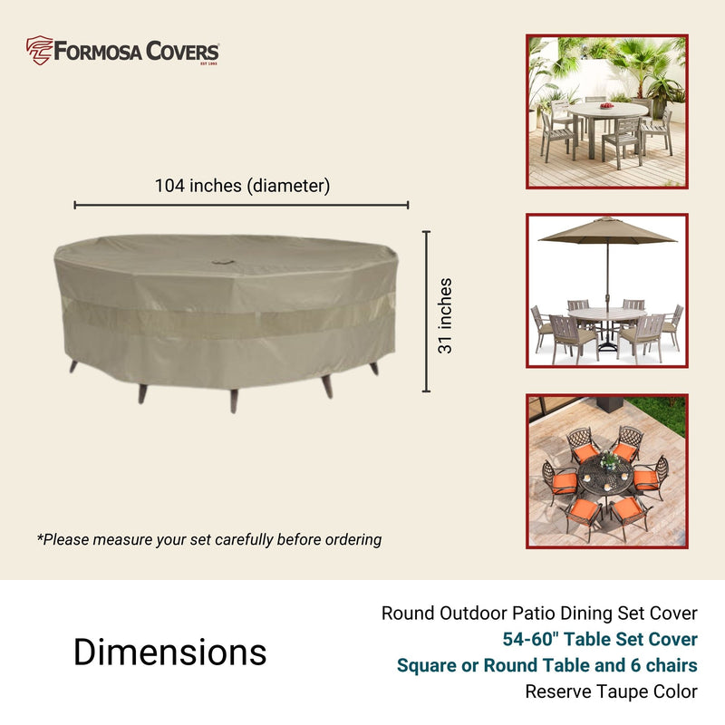 Image depicting the "Patio Conversation Set Cover For Round Table 104"Dia. X 31"H with Umbrella Hole Classic Taupe" by Formosa Covers. This water and mildew resistant cover accommodates round or square tables and up to six chairs. Color: Classic Taupe.