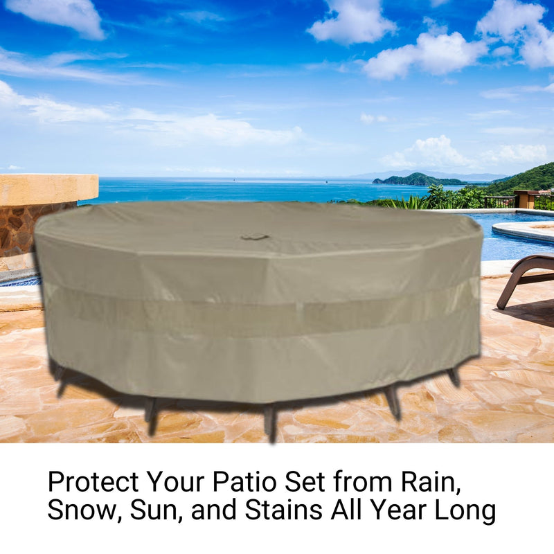 Image of a round patio table covered with the Formosa Covers Patio Conversation Set Cover for Round Table 104" Dia. X 31" H with Umbrella Hole in Classic Taupe, placed on a stone patio. The patio overlooks a pool, green hills, and a blue sky with scattered clouds. Text below the image reads: "Protect Your Patio Set from Rain, Snow, Sun, and Stains All Year Long.