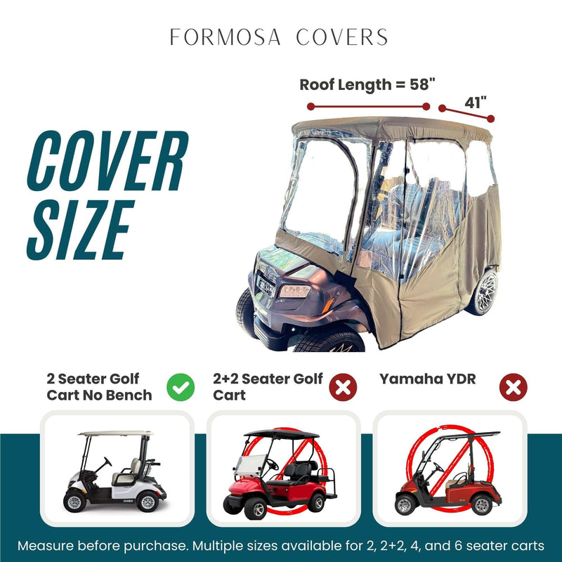 2 Passenger Golf Cart Cover Driving Enclosure YKK Door Zippers - Taupe