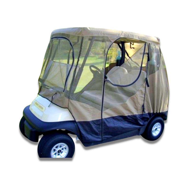 The Formosa Covers 2 Passenger Golf Cart Mesh Driving Enclosure Cover with Mosquito Netting is designed to snugly fit around the cart, featuring beige and black shades. This sun screen driving enclosure has clear plastic windows that provide protection from the elements while maintaining visibility. The cart rides on four wheels and proudly displays "Club Car" on the front.