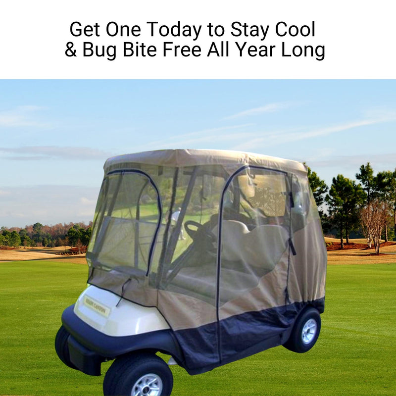 A 2 Passenger Golf Cart on a golf course, fitted with the Formosa Covers' 2 Passenger Golf Cart Mesh Driving Enclosure Cover with Mosquito Netting. The protective mesh cover shields the cart from bugs and the elements. The sky is clear with a few clouds, and trees are visible in the background. Text above reads, "Get One Today to Stay Cool & Bug Bite Free All Year Long.