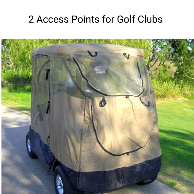 A 2 Passenger Golf Cart, protected by the Formosa Covers Mesh Driving Enclosure Cover with Mosquito Netting. The tan and black cover features two zippered access points for golf clubs. The cart is parked on a paved path surrounded by greenery and trees, with a sign visible through the transparent front panel of the sun screen driving enclosure.