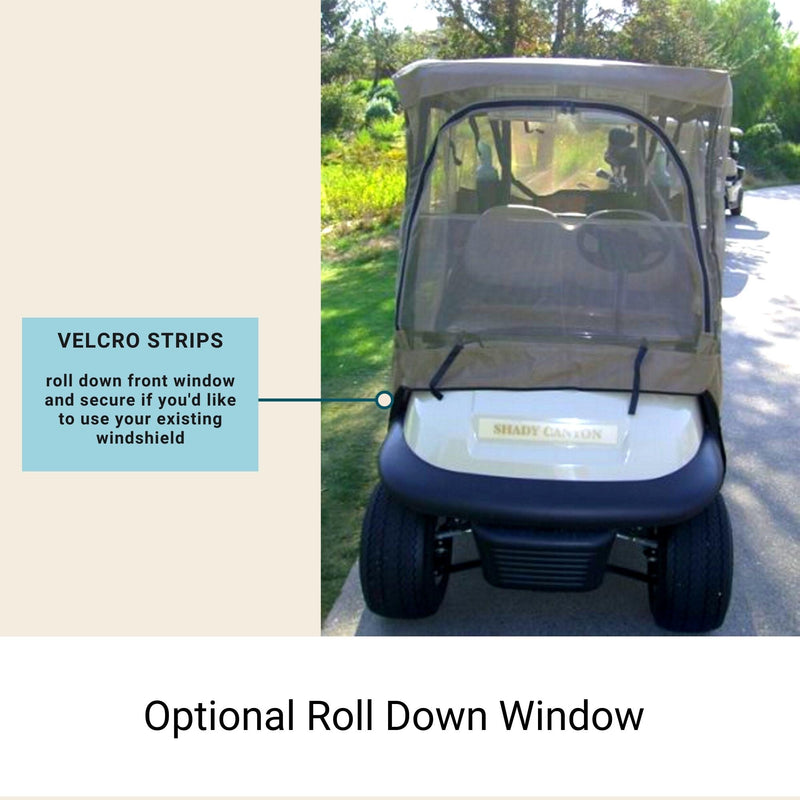 Image of a Formosa Covers 2 Passenger Golf Cart on a path surrounded by grass and trees. It features a roll-down front window with Velcro strips for securing the window. A highlighted text box describes the feature: "Velcro strips: Roll down the front window and secure it if you'd like to use your existing windshield.