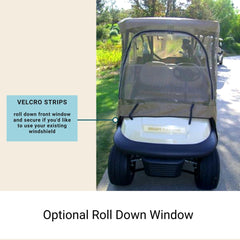 Image of a Formosa Covers 2 Passenger Golf Cart on a path surrounded by grass and trees. It features a roll-down front window with Velcro strips for securing the window. A highlighted text box describes the feature: 