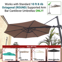 A taupe 10ft octagonal cantilever umbrella from Formosa Covers is shown outdoors. The text indicates it works with standard 8 rib octagonal (round) supported arm bar cantilever umbrellas. Made of durable non-fray 300 denier polyester fabric, this Formosa Covers replacement patio umbrella canopy is water-resistant. A section at the bottom illustrates umbrellas that will not fit, such as 2-tiered tops or square models.
