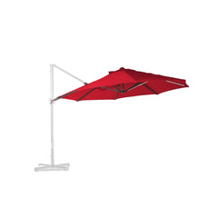 The Formosa Covers 11ft Cantilever Supported Bar Umbrella with an 8 rib replacement canopy in red, features a white frame and base. Made from durable 300 Denier polyester fabric, this umbrella offers adjustable shade and can be angled for optimal coverage. Showcasing a modern and sleek design perfect for outdoor settings, it is UV-treated and water-resistant for lasting use.