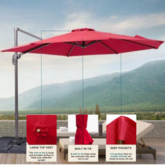 On a clear day, an 11ft Cantilever Supported Bar Umbrella 8 Rib Replacement Canopy in red from Formosa Covers is placed outdoors. Crafted from durable polyester fabric, this vibrant patio umbrella features a large top vent for airflow, a built-in tie to secure the umbrella, and deep pockets with double stitching. The background offers a serene mountain view.