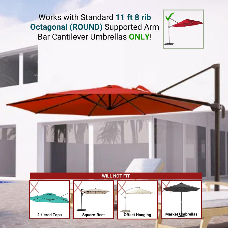 A patio featuring a large Formosa Covers 11ft Cantilever Supported Bar Umbrella 8 Rib Replacement Canopy in red stands in front of a modern white building. The text indicates it is compatible with standard 11 ft, 8 rib octagonal cantilever umbrellas made from UV-treated, durable polyester fabric. The image lists types of umbrellas that do not fit.