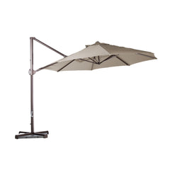 The Formosa Covers 11ft Cantilever Supported Bar Umbrella features an 8-rib taupe replacement canopy made from durable, non-fray polyester fabric that is UV-treated and water-resistant. The dark brown metal stand supports the weighted base for stability, allowing the umbrella to extend horizontally and provide ample shade.