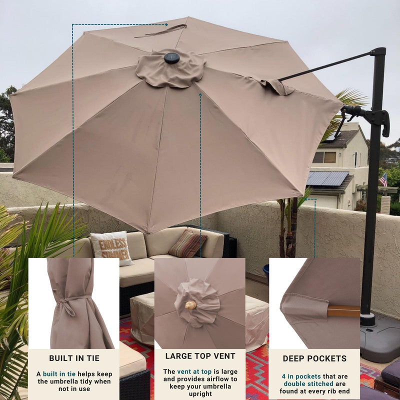 The taupe 11ft Cantilever Supported Bar Umbrella with 8 Rib Replacement Canopy from Formosa Covers is crafted from durable polyester fabric and features a built-in tie for tidy storage, a large top vent for enhanced airflow, and deep pockets with double stitching at each rib end. In the background is a well-appointed patio with seating and decor.