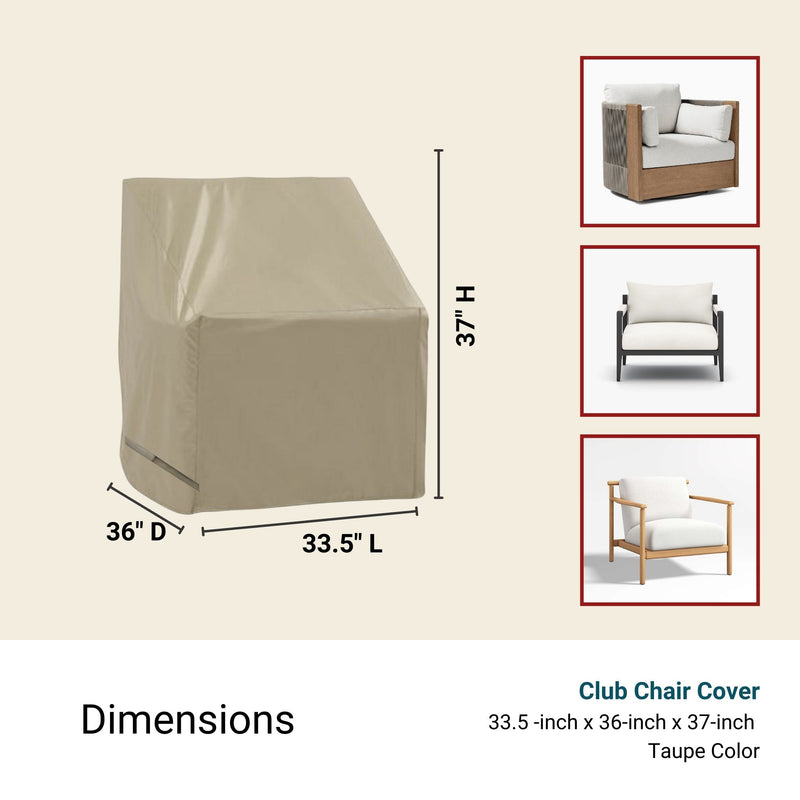 Infographic showcasing a Formosa Covers taupe club chair cover with dimensions of 33.5"W x 36"D x 37"H. Three different club chair styles are pictured to the right. Text at the bottom reads: "Patio Outdoor Club Chair Cover, 33.5-inch W x 36-inch D x 37-inch H, Classic Taupe." Ideal for outdoor patio chairs, offering all-season protection.
