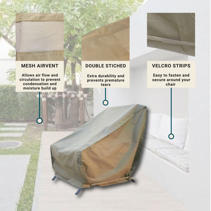 The Formosa Covers Patio Outdoor Club Chair Cover 33.5"W x 36"D x 37"H in Classic Taupe is shown protecting a chair. The image highlights three key features: Mesh Airvent to prevent condensation and moisture build-up, Double Stitched construction for enhanced durability and tear prevention, and Velcro Strips for secure fastening. This all-season protection ensures your outdoor patio chair cover remains weatherproof throughout the year.