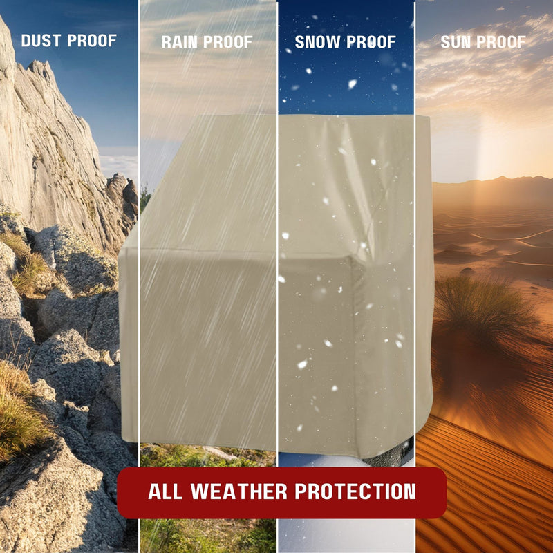 Image showing the Formosa Covers Patio Outdoor Club Chair Cover 33.5"W x 36"D x 37"H Classic Taupe split into four sections, demonstrating its durability in different conditions: dust, rain, snow, and sun. Each section visually represents a specific weather type. The bottom text reads "ALL-SEASON PROTECTION.