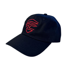 The Formosa Covers Embroidered Adjustable Dad Hat by Formosa Covers is a black cotton twill hat featuring a red embroidered abstract design on the front. The bold lines form a stylized shape, and the hat includes a curved brim plus an adjustable strap in the back.