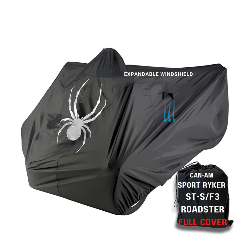 A black Can-Am Spyder RS is protected with a waterproof bike cover from Formosa Covers, which features a large white spider graphic and the words "Expandable Windshield." A small storage bag labeled "Can-Am Spyder Sport Model Full Cover for RS, ST, ST-S, F3, F3-S" is visible in the corner.