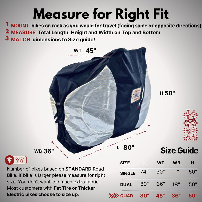 An instructional infographic on measuring a bike for the right fit on a rack, showcasing Formosa Covers' Quad Bike Rack Cover For Transport (Fits 3-4 Bikes) Extra Large Translucent Ends. The guide includes step-by-step instructions to measure the bike's total length, height, and width. It also provides a size guide suitable for single, double, triple, and quad bike racks. The diagram features a covered bike with dimensions labeled 45" L x 50" H x 36" WB for added UV protection.