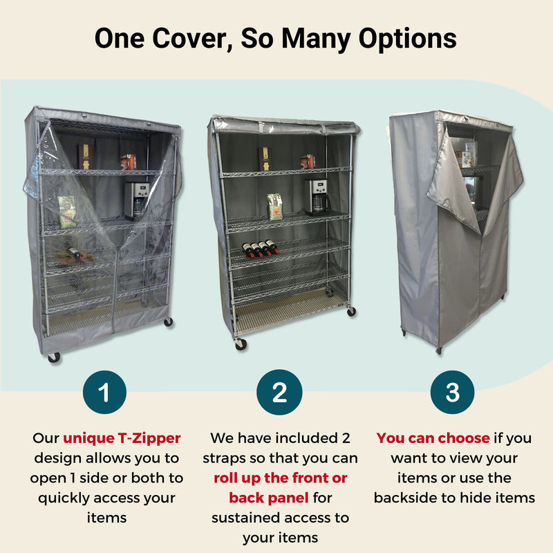 The image showcases the Formosa Covers Storage Shelving Unit Cover, which fits racks 30"W x 14"D x 60"H and features a grey, water-repellent polyester fabric with a see-through panel on one side. One image highlights stored items accessed through a T-Zipper, another shows the front of the cover rolled up, and the last depicts the side lifted. Text emphasizes these versatile configurations.