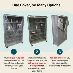 The image showcases the Formosa Covers Storage Shelving Unit Cover, which fits racks 30