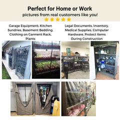 Collage of six images showcasing various uses for the Formosa Covers Storage Shelving Unit Cover. Top row: garage with equipment, plants on shelves, and organized items in large racks. Bottom row: garment rack with a clear PVC panel in the basement, legal documents on shelves, and assorted tools in labeled containers. Caption above reads, 