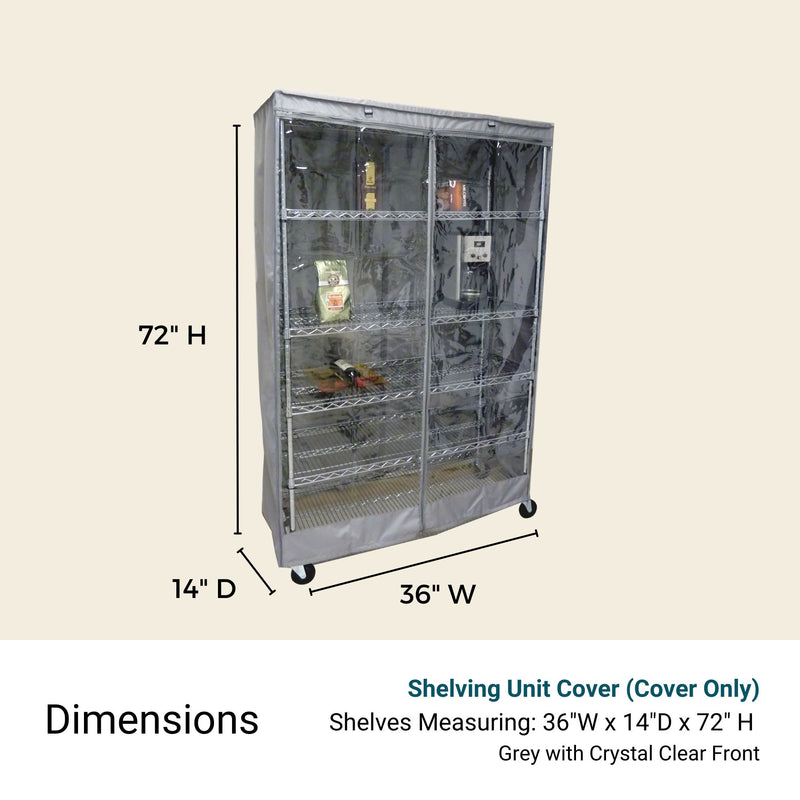 Formosa Covers' Storage Shelving Unit Cover in grey, featuring a clear PVC front panel, fits racks measuring 36" W x 14" D x 72" H. The cover is displayed on a metallic shelving unit with items visible through the transparent front. Dimensions and details are specified at the bottom.