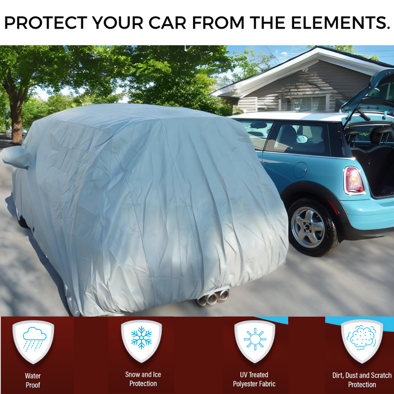 A Mini Cooper, covered with a heavy duty Formosa Covers car cover designed for Hardtop 2 Door and 4 Door models, Convertible, and Coupe up to 158"L, is parked on a suburban street. In the background, a blue car with its hatch open is visible. The image text promotes covering cars to protect them from water, snow and ice, UV rays, dirt, dust, and scratches.