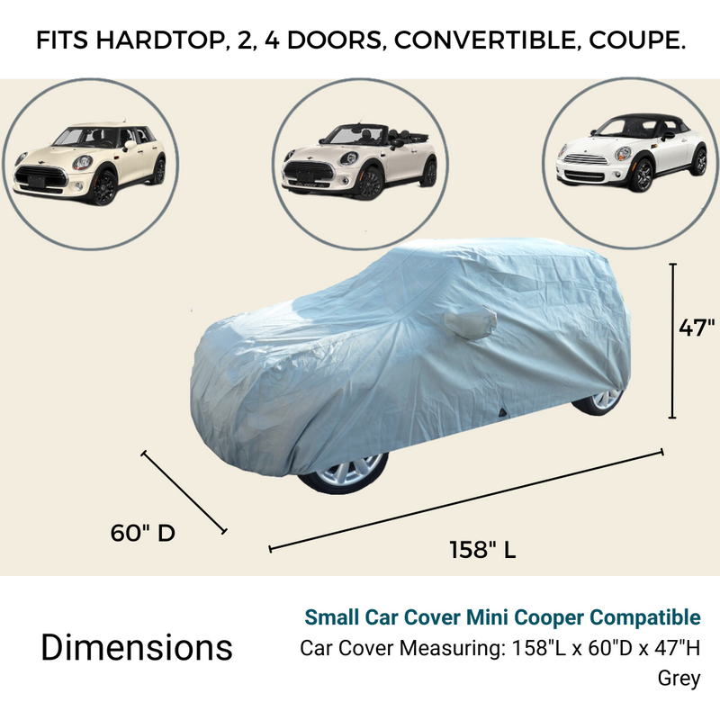 Infographic depicting a Formosa Covers car cover for Mini Cooper models, including hardtop, 2-door, 4-door, convertible, and coupe. The heavy-duty cover fits cars up to 158"L x 60"D x 47"H. The visual includes a covered car and three Mini Coopers in the background. Text in the bottom right reads "Small Car Cover Mini Cooper Compatible.