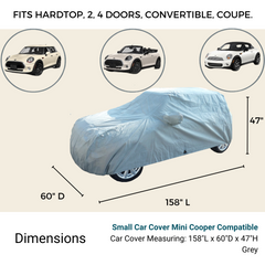 Infographic depicting a Formosa Covers car cover for Mini Cooper models, including hardtop, 2-door, 4-door, convertible, and coupe. The heavy-duty cover fits cars up to 158