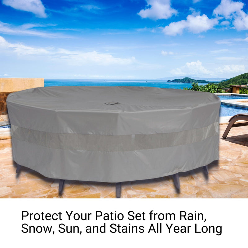 A round patio furniture set covered with a water-resistant, protective Patio Conversation Set Cover For Round Table 104"Dia. X 31"H with Umbrella Hole Reserve Grey by Formosa Covers sits on a stone patio with a pool and scenic ocean view in the background. Text below reads, "Protect Your Patio Set from Rain, Snow, Sun, and Stains All Year Long.