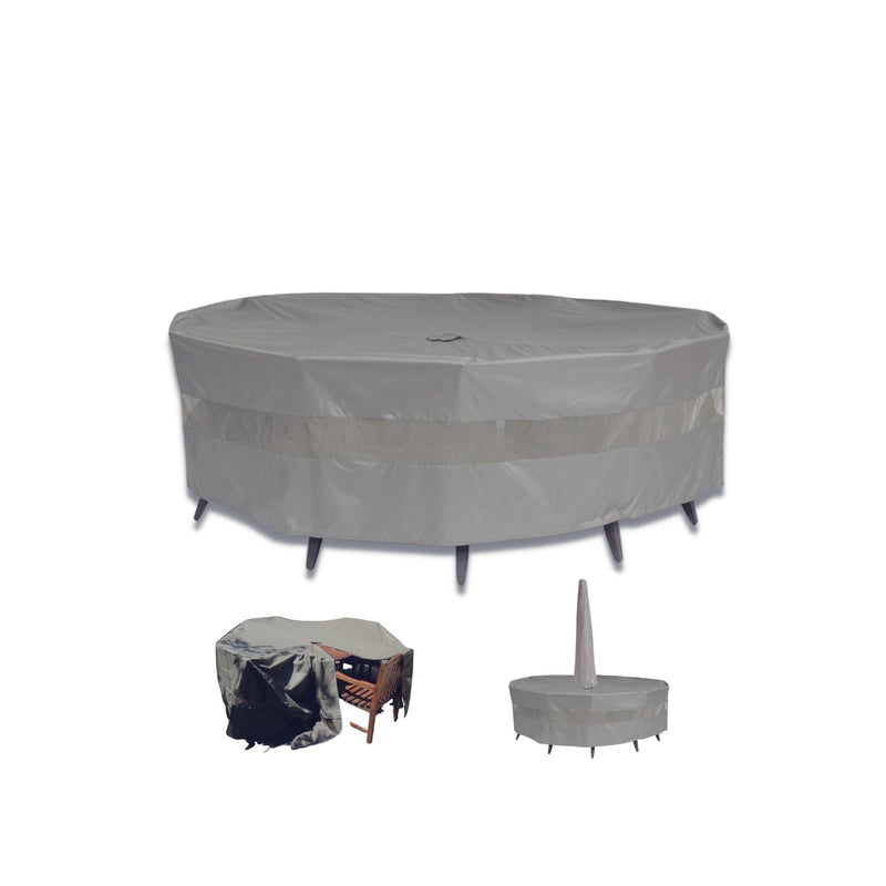 A Formosa Covers Patio Conversation Set Cover For Round Table 104"Dia. X 31"H in Reserve Grey fully envelops a large round table and chairs with its water-resistant design, showcasing its ability to provide complete protection. Meanwhile, a smaller UV-treated furniture cover rests over a rectangular table, and another over a chimney-shaped object, demonstrating both versatility and durability.