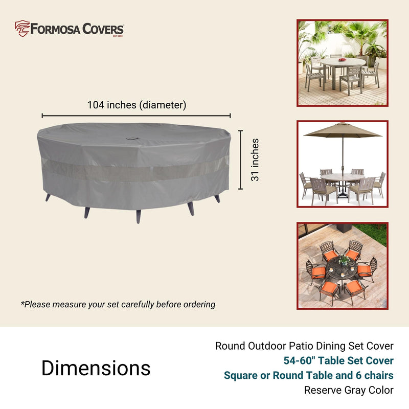 A diagram showcasing the Formosa Covers Patio Conversation Set Cover for a round table measuring 104 inches in diameter and 31 inches in height with an umbrella hole, in a reserve grey color. The water-resistant, UV-treated cover is shown protecting a dining set, with additional images of various outdoor dining sets in both square and round shapes featuring 6 chairs around the table.