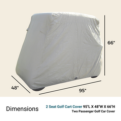 A covered golf cart is shown with dimensions noted: 95 inches in length, 48 inches in width, and 66 inches in height. The text below reads 