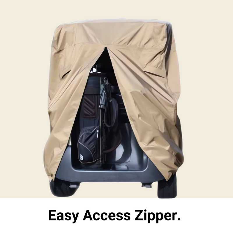 A Formosa Covers 2 Passenger Golf Cart Storage Cover in taupe, featuring a UV-treated and waterproof design, with a convenient front zipper for easy access. The zipper is open, revealing golf clubs stored inside. The background is plain, and the text below reads "Easy Access Zipper.