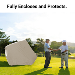 Two men stand on a golf course, shaking hands while smiling at each other. To their left is a golf cart covered with the 2 Passenger Golf Cart Storage Cover in Taupe from Formosa Covers. Text at the top reads, 