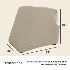 The image shows a taupe golf cart cover. The dimensions listed are 95 inches in length, 48 inches in width, and 66 inches in height. The text reads 