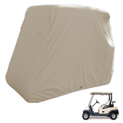 An image showcasing the Formosa Covers 2 Passenger Golf Cart Storage Cover in taupe, designed to fit over a standard golf cart. In the lower right corner, there is a small image of a golf cart without the cover, clearly representing the product's intended use.