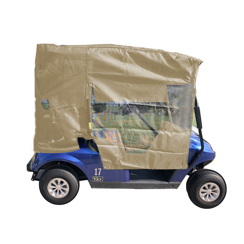 A blue golf cart with the number 17 on its side, equipped with a Formosa Covers Golf Cart Sun Shade UV Mesh Top Cover for an 80" long roof in beige. The weatherproof cover offers UVA/UVB protection and is made of breathable fabric with transparent windows, showcasing the cart's interior including the seats and steering wheel. The cart is presented in profile against a plain white background.