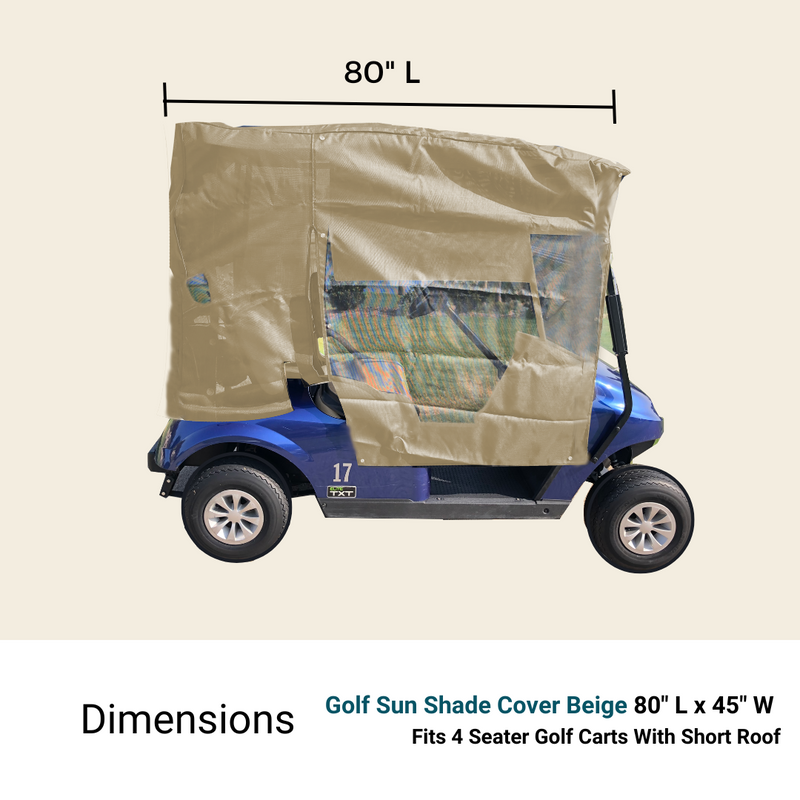 A Formosa Covers beige Golf Cart Sun Shade UV Mesh Top Cover, offering UVA/UVB protection and made from breathable fabric, is fitted onto a blue golf cart with an 80-inch long short roof designed to accommodate 4 seats. The cover dimensions are 80 inches in length and 45 inches in width. The side of the cart displays the number "17.